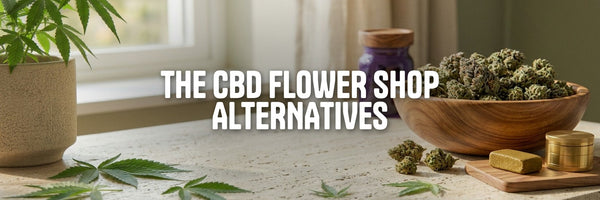 Alternatives to The CBD Flower Shop: wooden bowl of CBD flower, hash and a violet storage jar on a stone counter