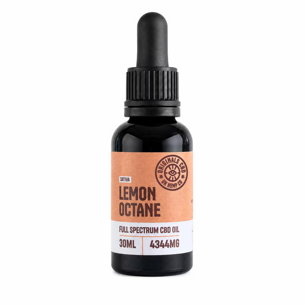 lemon octane cbd oil in a black bottle with a peach branded label, with a white background.
