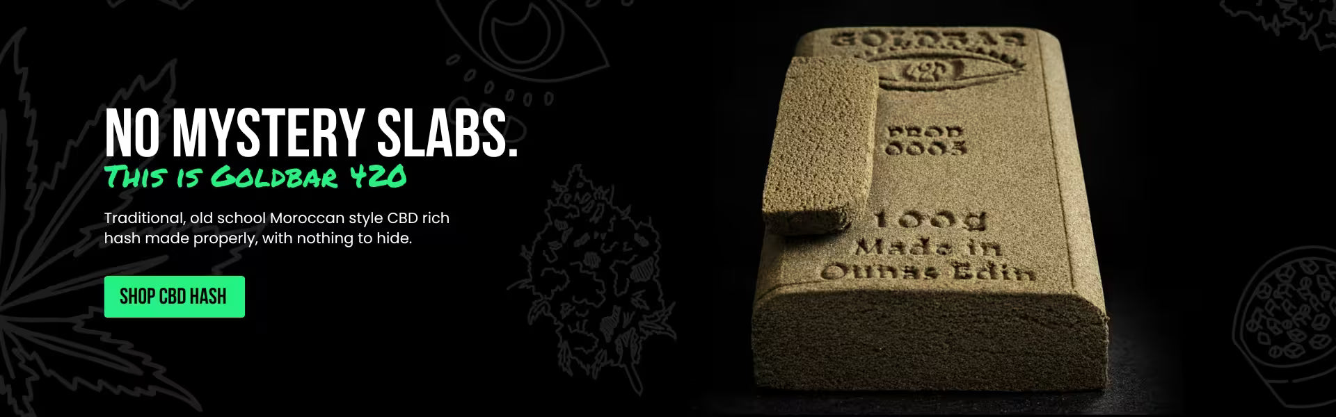 Goldbar 420 Moroccan CBD Hash with branding and text on a dark background