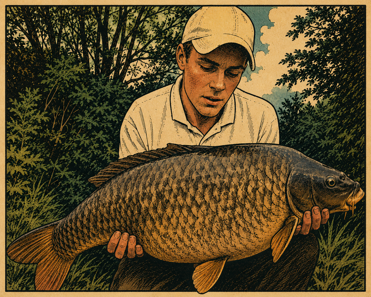 Benzil - Originals CBD community reviewer - illustrated portrait holding a large common carp, vintage woodcut style