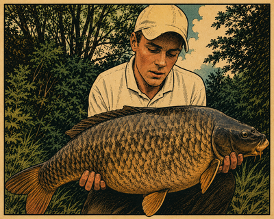 Benzil - Originals CBD community reviewer - illustrated portrait holding a large common carp, vintage woodcut style