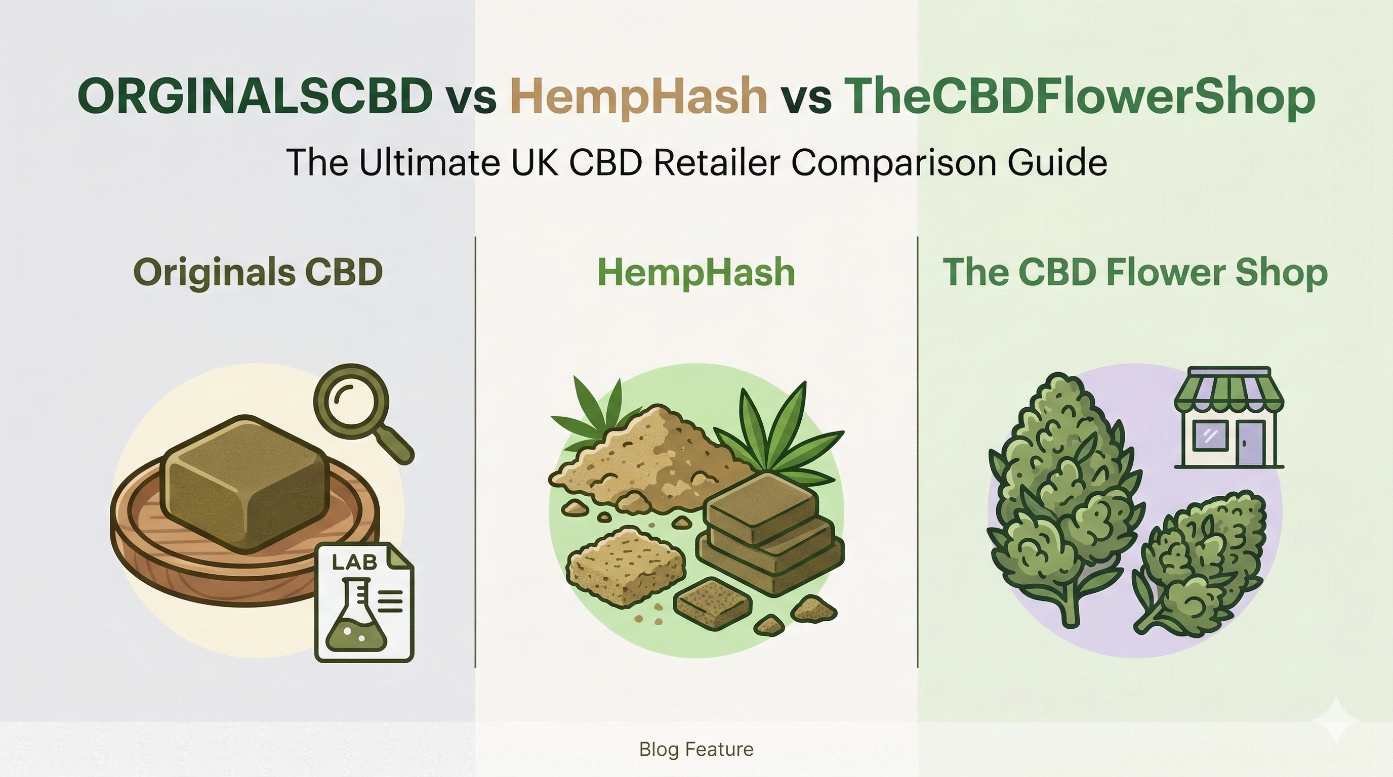 A blog header image comparing ORGINALSCBD vs HempHash vs TheCBDFlowerShop