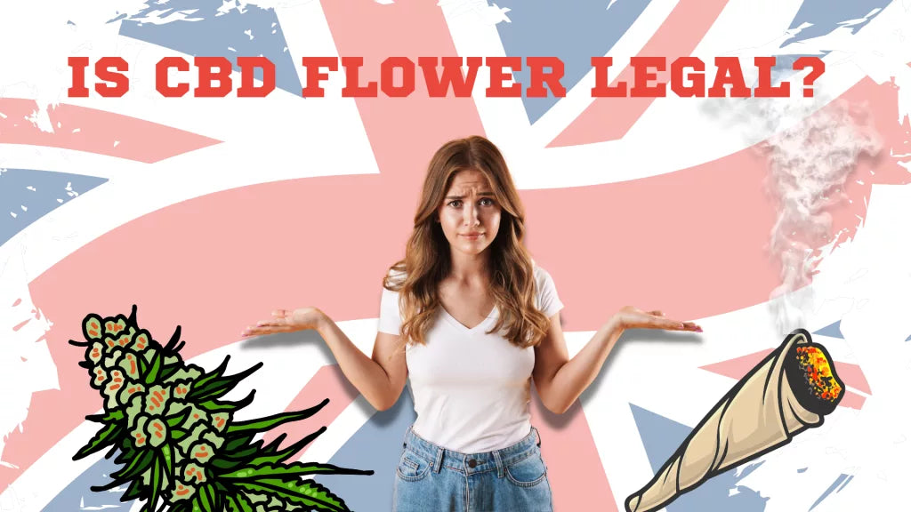 A woman standing in her left side there is a CBD Flower and on Right Site a CBD Pre-roll and on background The Flag of The United kingdom and There is a text "Is CBD Flower Legal?"