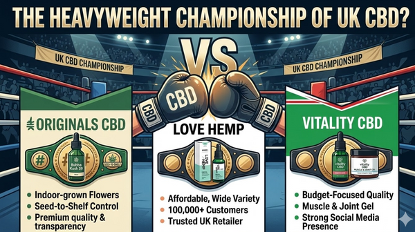 A blog feature post showing a detailed comparison of ORGINALSCBD vs Love Hemp vs Vitality CBD.