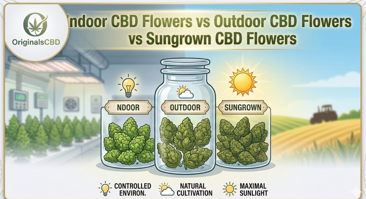 Header image of Indoor CBD Flowers vs Outdoor CBD Flowers vs Sungrown CBD Flowers