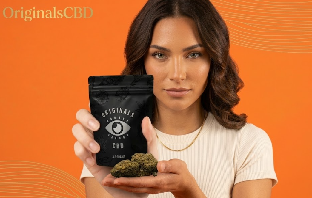 model showing the sungrown cbd flowers by OriginalsCBD