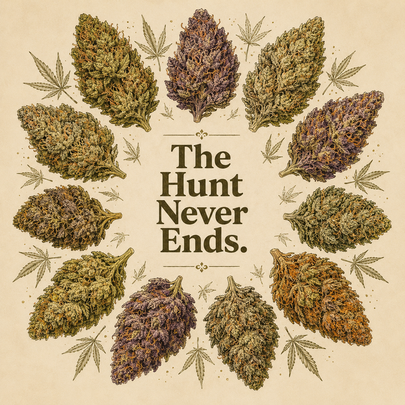 A variety of CBD hemp flower buds arranged in a circle showing different colours and terpene profiles - illustrating the search for the next exceptional strain
