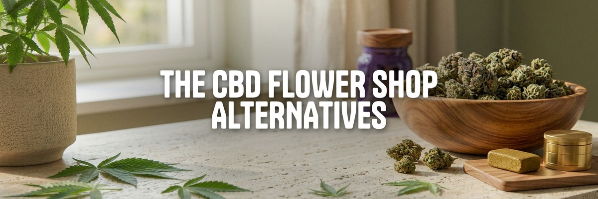 Alternatives to The CBD Flower Shop: wooden bowl of CBD flower, hash and a violet storage jar on a stone counter