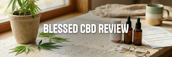 Blessed CBD review: CBD gummies, amber CBD oil bottles and a lab report on a stone counter