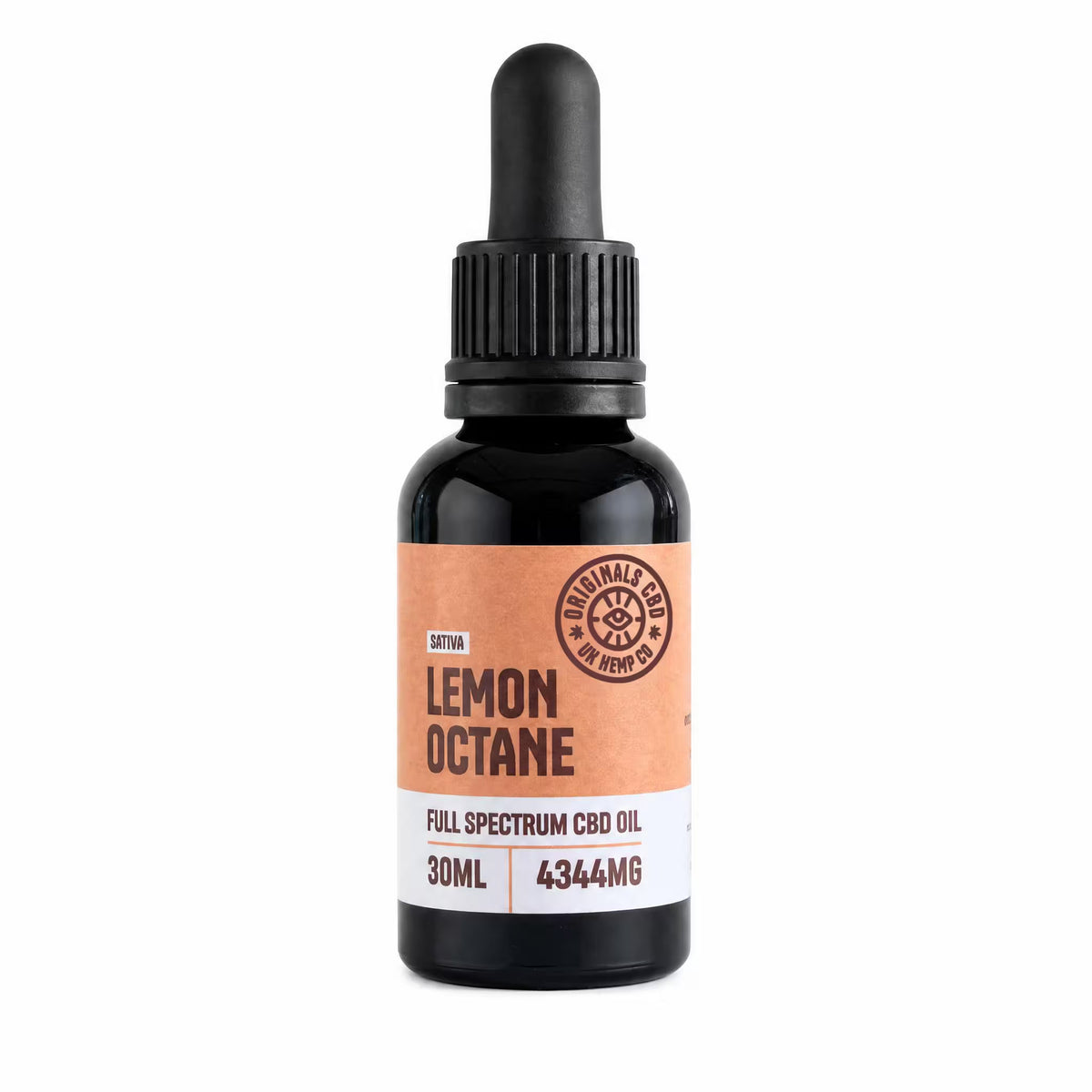 lemon octane cbd oil in a black bottle with a peach branded label, with a white background.