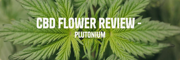 hemp leaf with white text 'cbd flower review - plutonium'