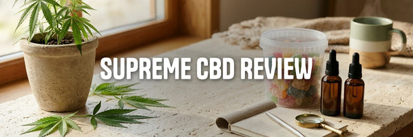 Supreme CBD review: tub of CBD gummy bears and CBD oil bottles beside a notepad on a stone counte