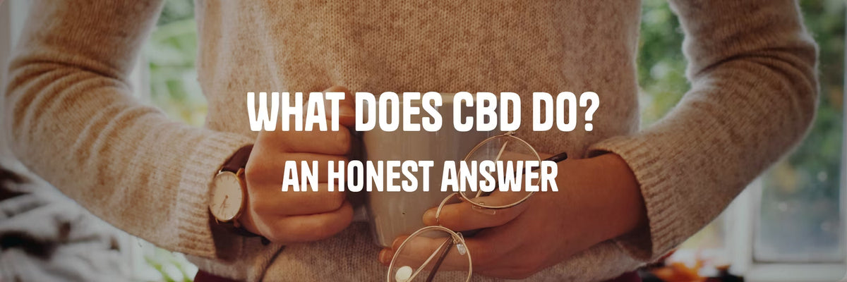 Person holding a warm cup and glasses suggesting calm and wellbeing - What Does CBD Do guide by Originals CBD