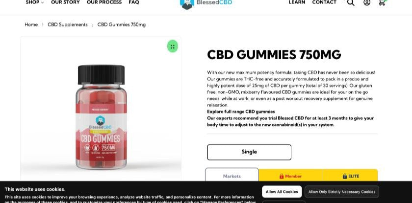 Blessed CBD Gummies 750mg product page, 25mg per gummy