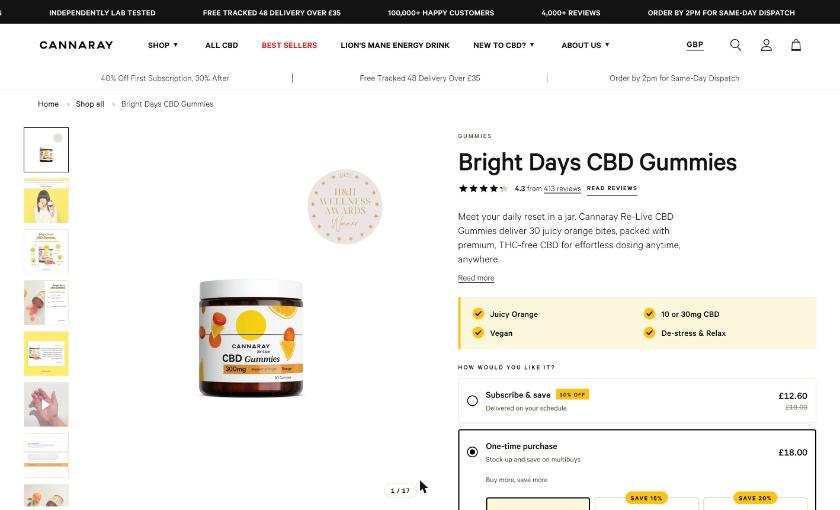 Cannaray Bright Days CBD Gummies product page, 30 vegan orange gummies