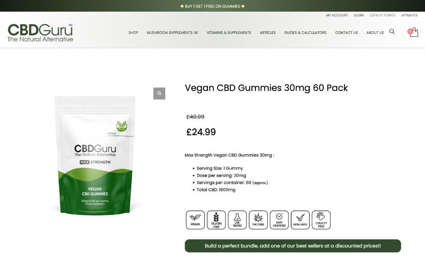CBD Guru Vegan CBD Gummies 30mg 60 pack product page, 1800mg total