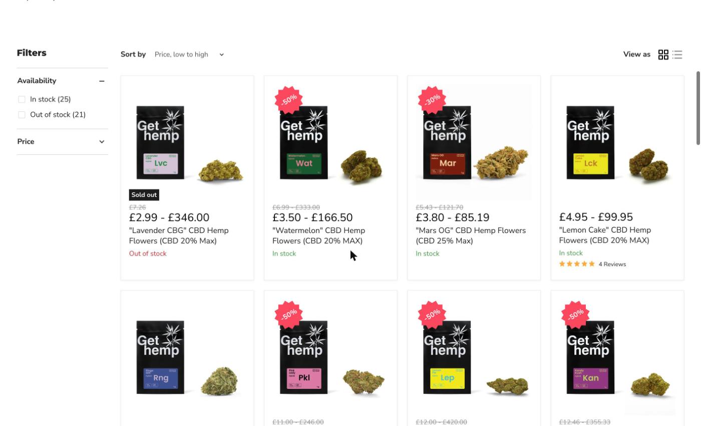 GetHemp CBD flower collection page showing strains labelled CBD 20% Max with prices from £2.99