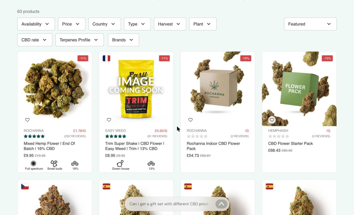 Hemphash CBD flower collection page with 63 products and price per gram labels