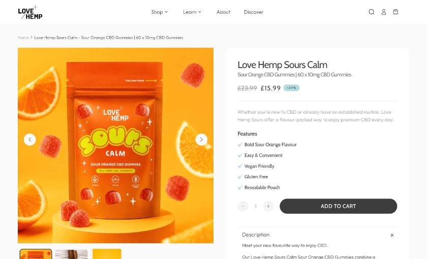 Love Hemp Sours Calm sour orange CBD gummies product page, 60 x 10mg