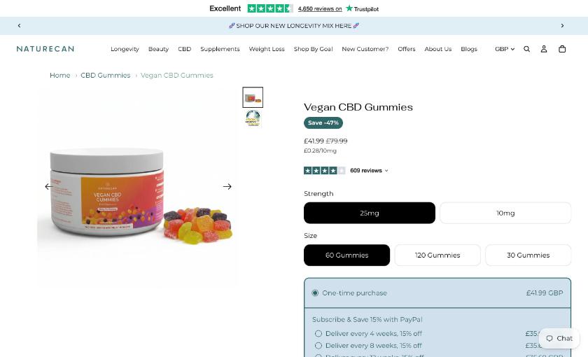 Naturecan Vegan CBD Gummies product page with 10mg and 25mg strength options