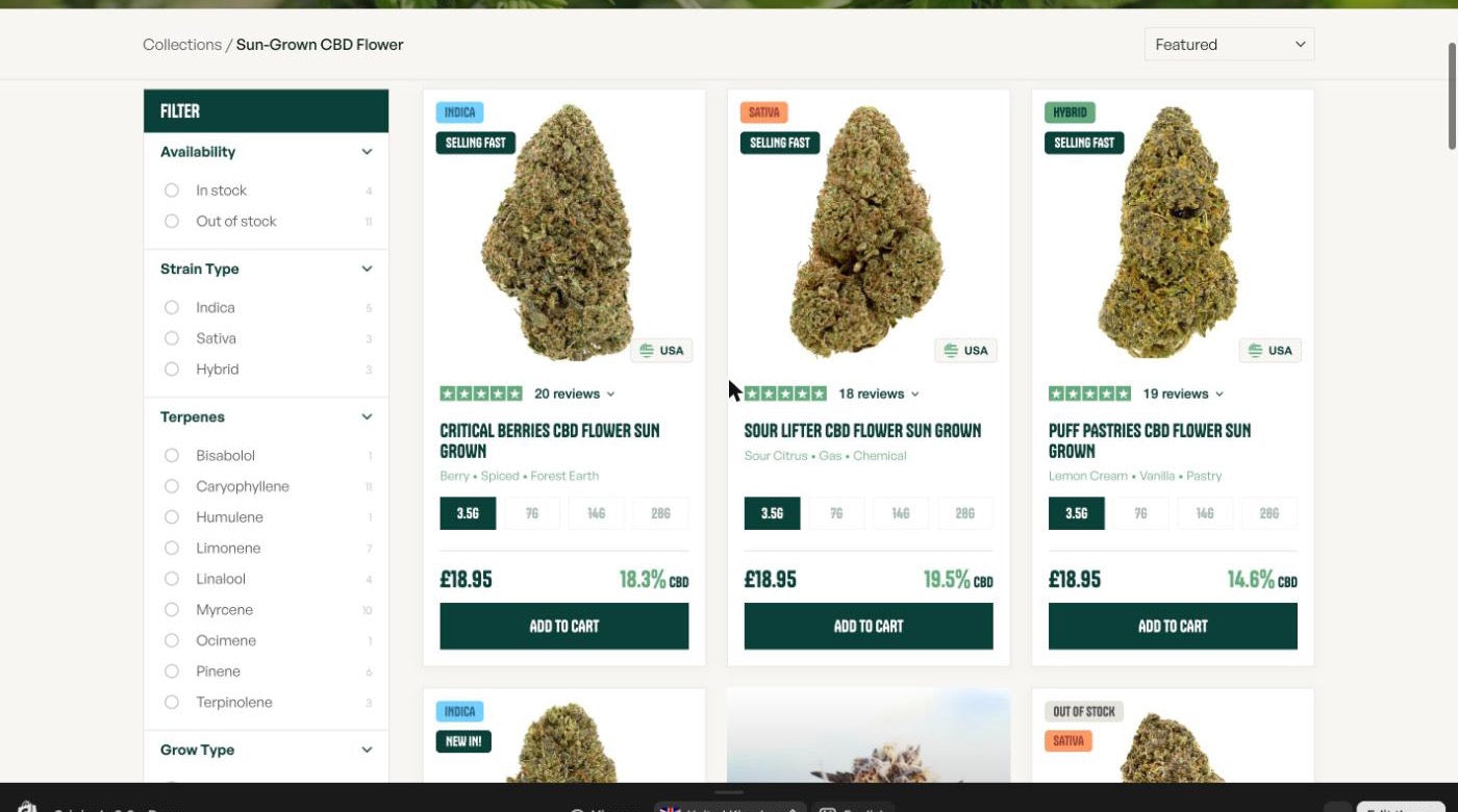 Originals CBD flower collection showing indoor, greenhouse and sungrown CBD flower with CBD percentages