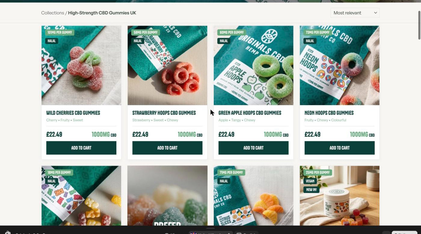 Originals CBD gummies collection page showing Wild Cherries 101mg, Strawberry Hoops 58mg, Green Apple Hoops 60mg and Neon Hoops 73mg, each 1,000mg for £22.49