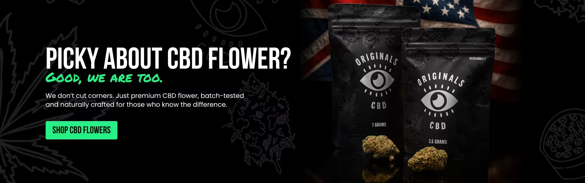 Premium CBD flower uk with originals cbd packaging and a usa flag