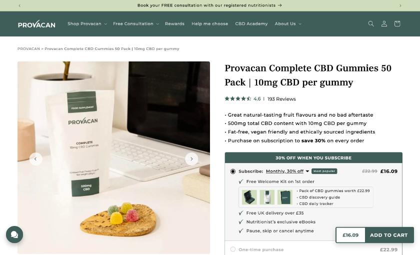 Provacan Complete CBD Gummies 50 pack product page, 10mg CBD per gummy