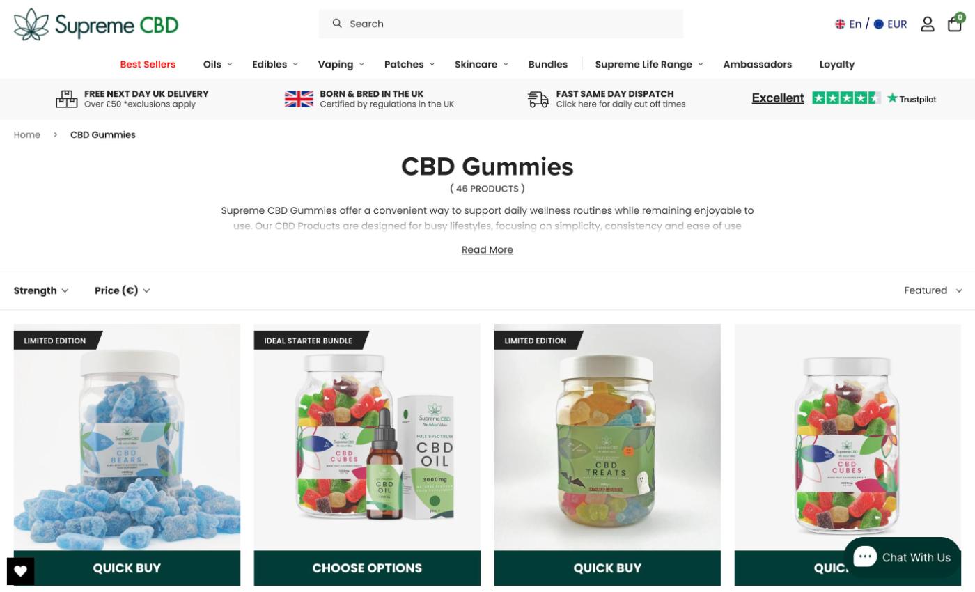 Supreme CBD gummies collection page listing 46 gummy products