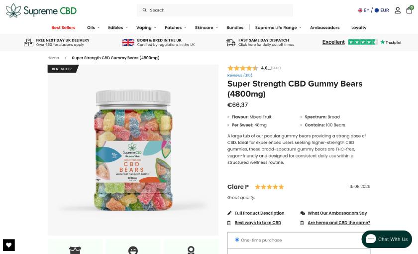 Supreme CBD Super Strength CBD Gummy Bears 4800mg product page, 48mg per sweet