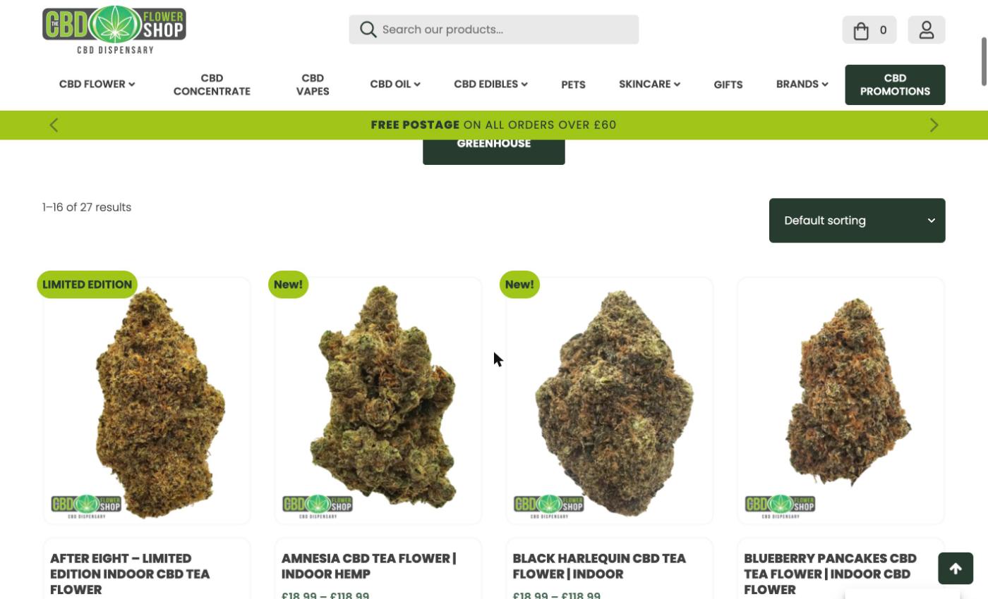 The CBD Flower Shop hemp flower collection page showing indoor CBD tea flower strains at £18.99 to £118.99